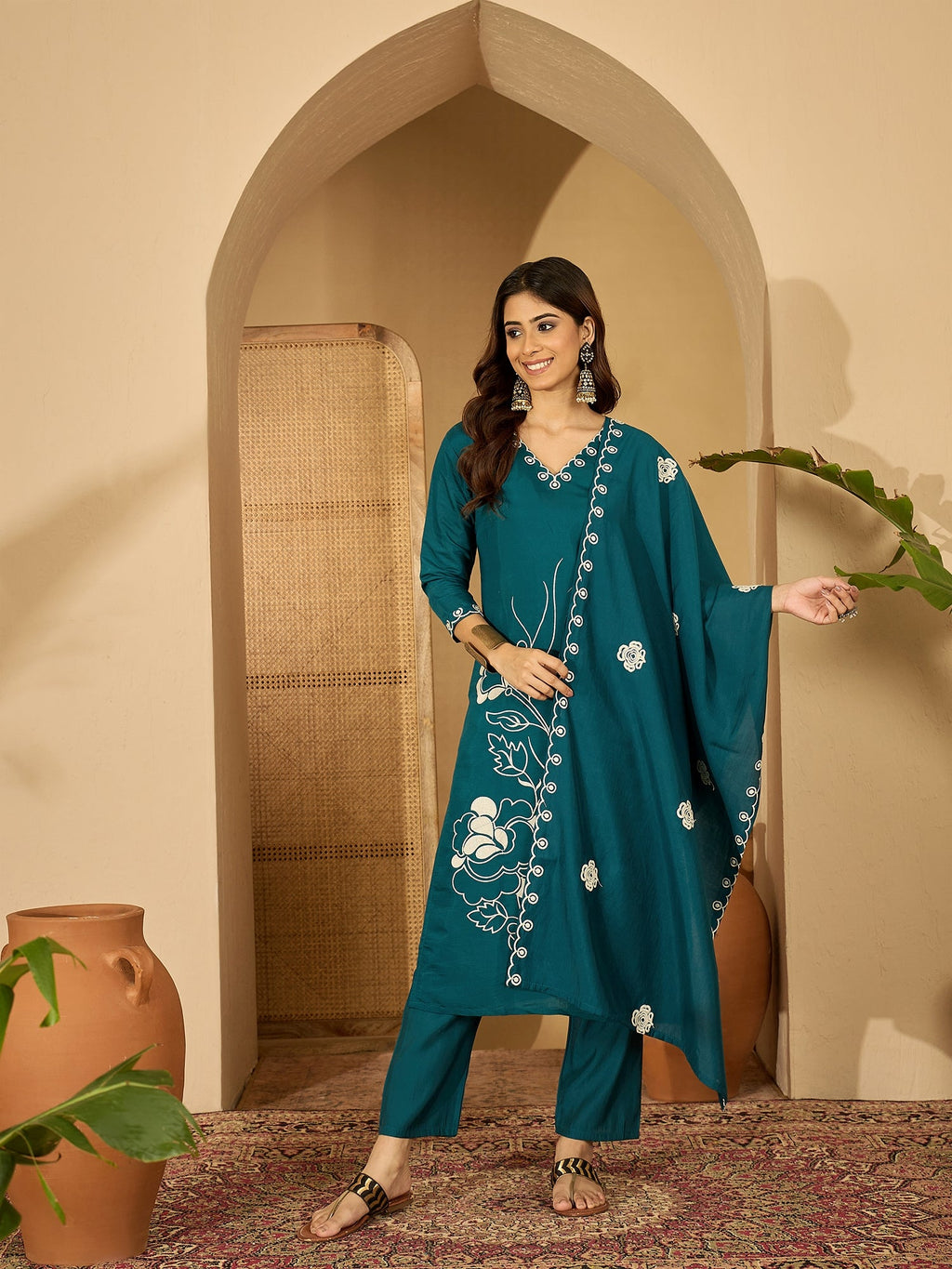 Joban Fashion Teal Silk Embroidery Readymade Kurta Set | Grocsy