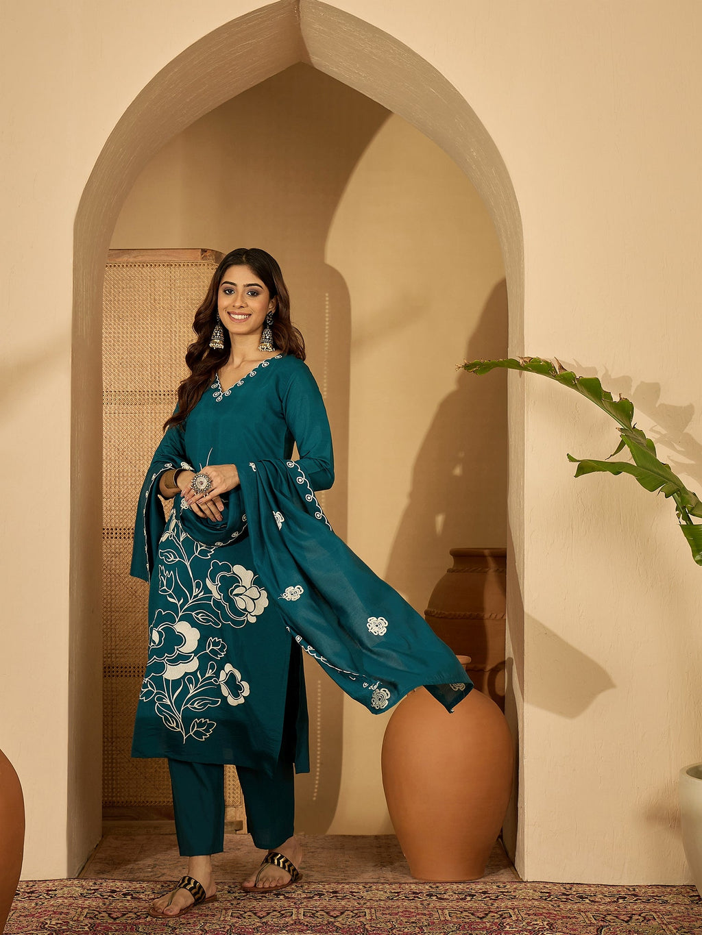 Joban Fashion Teal Silk Embroidery Readymade Kurta Set | Grocsy