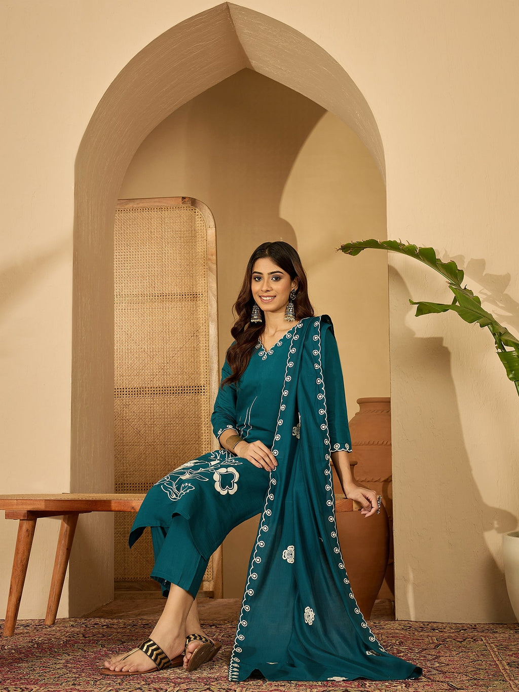 Joban Fashion Teal Silk Embroidery Readymade Kurta Set | Grocsy