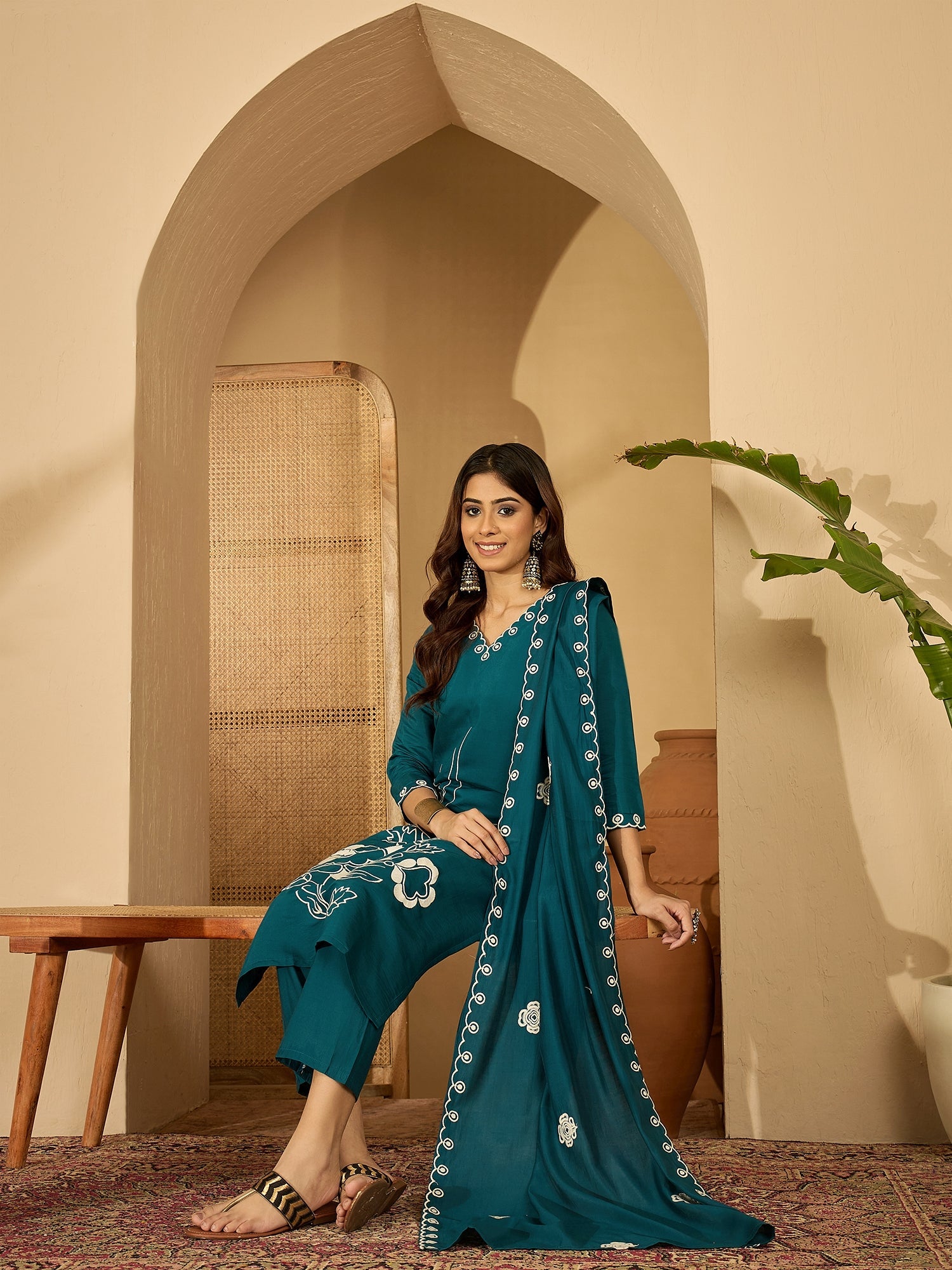 Joban Fashion Teal Silk Embroidery Readymade Kurta Set | Grocsy