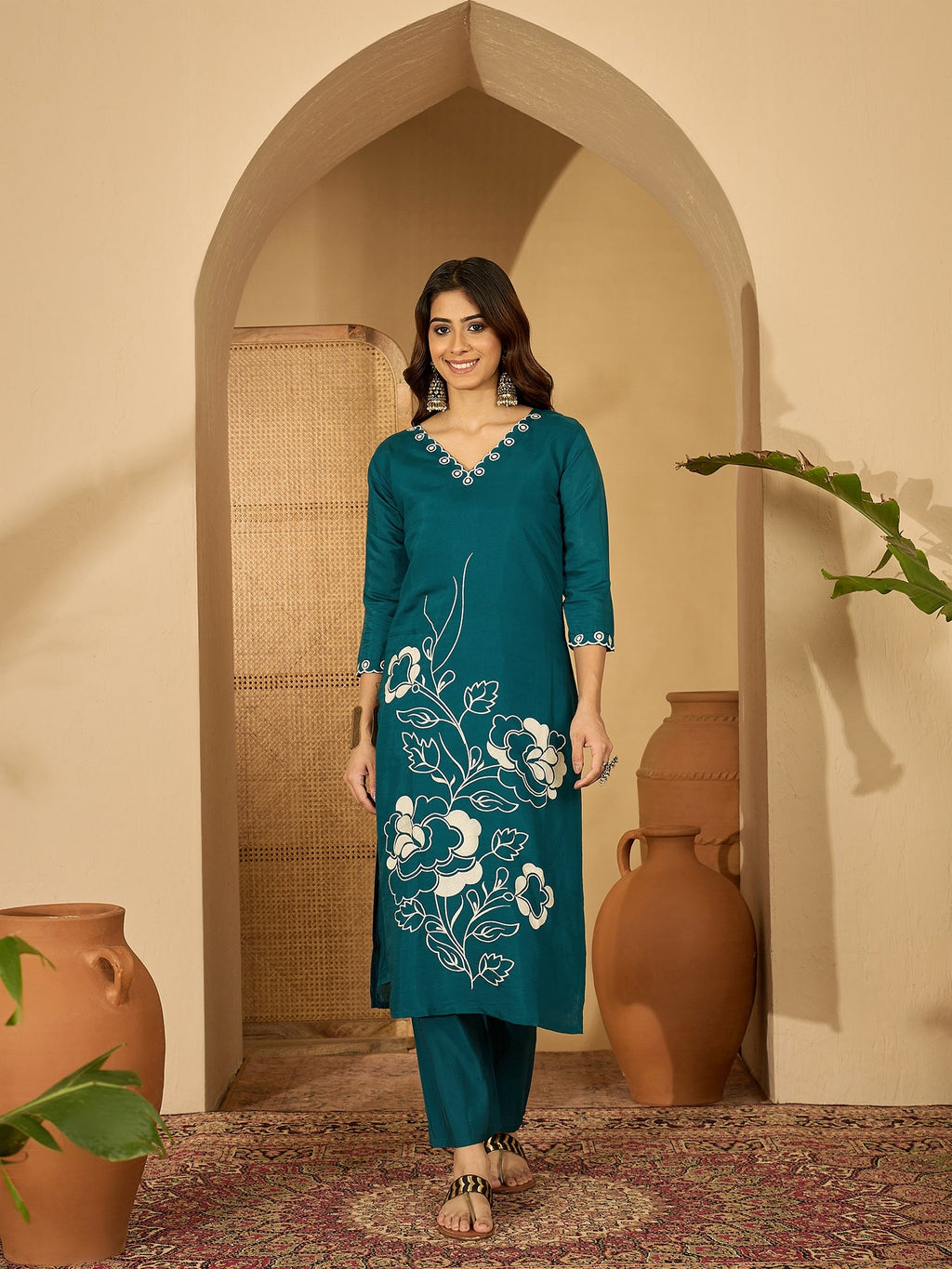 Joban Fashion Teal Silk Embroidery Readymade Kurta Set | Grocsy