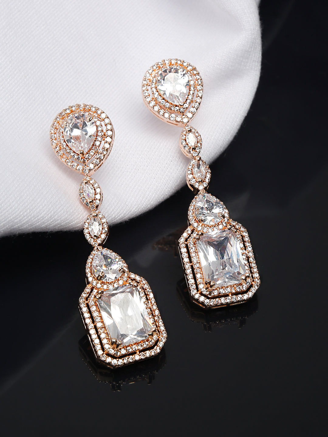 Yellow Chimes Rhodium-Plated Rose-Gold White AD-Studded Drop Earrings | Grocsy