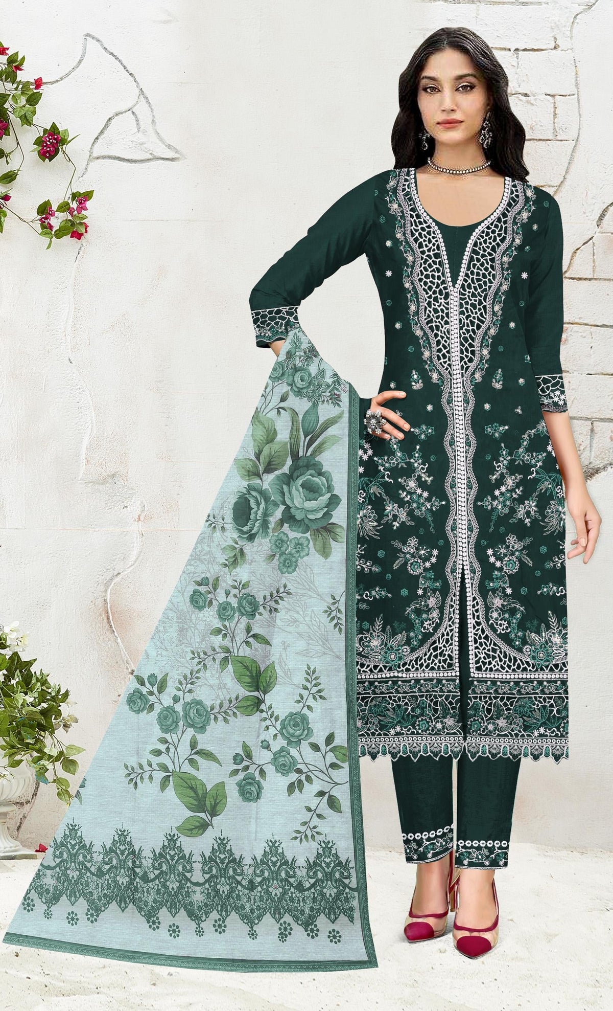 Anaita D Green Slub Cotton Suit with Embroidered Multi Work | Grocsy