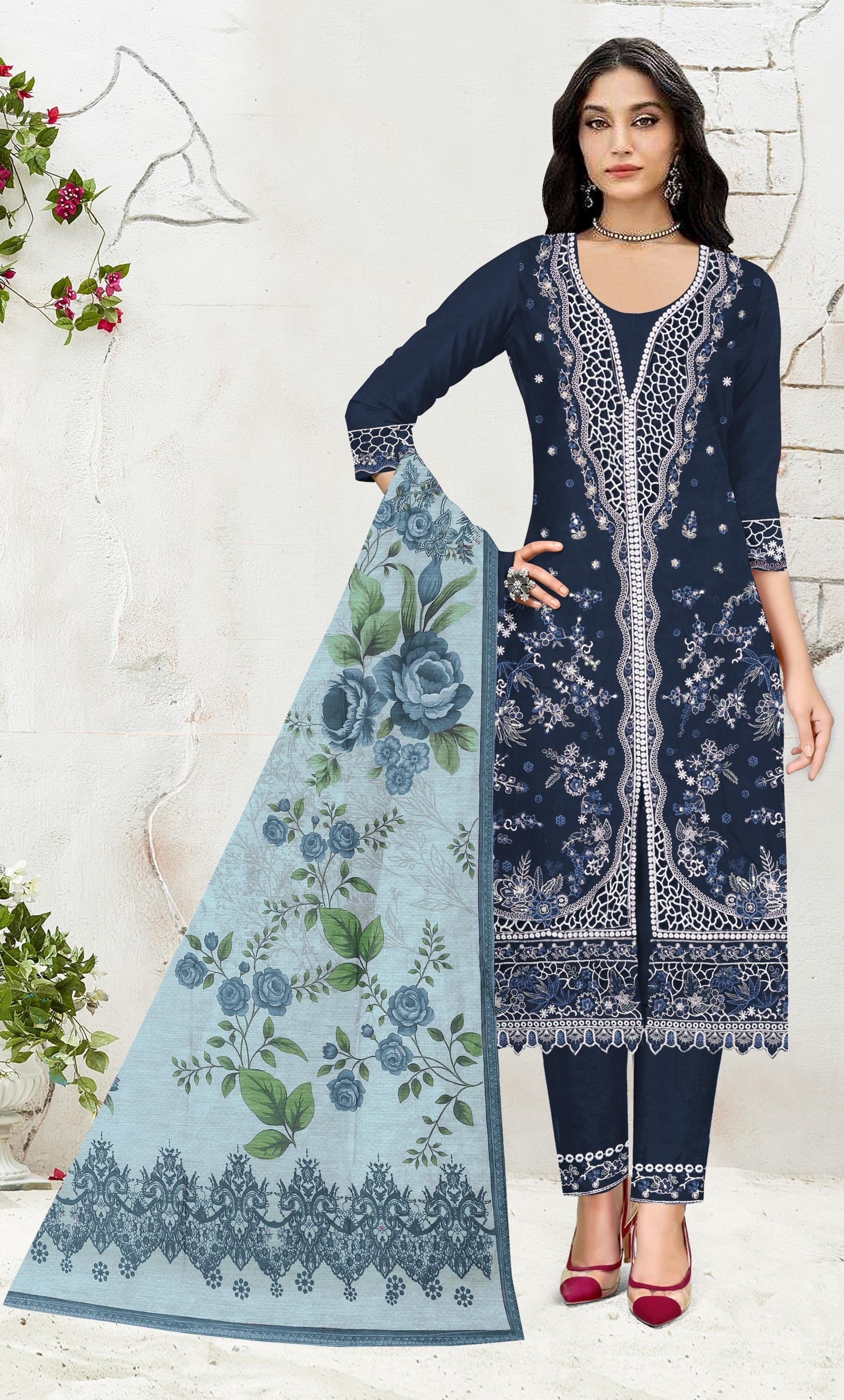 Anaita Navy Slub Cotton Suit with Embroidered Multi Work | Grocsy