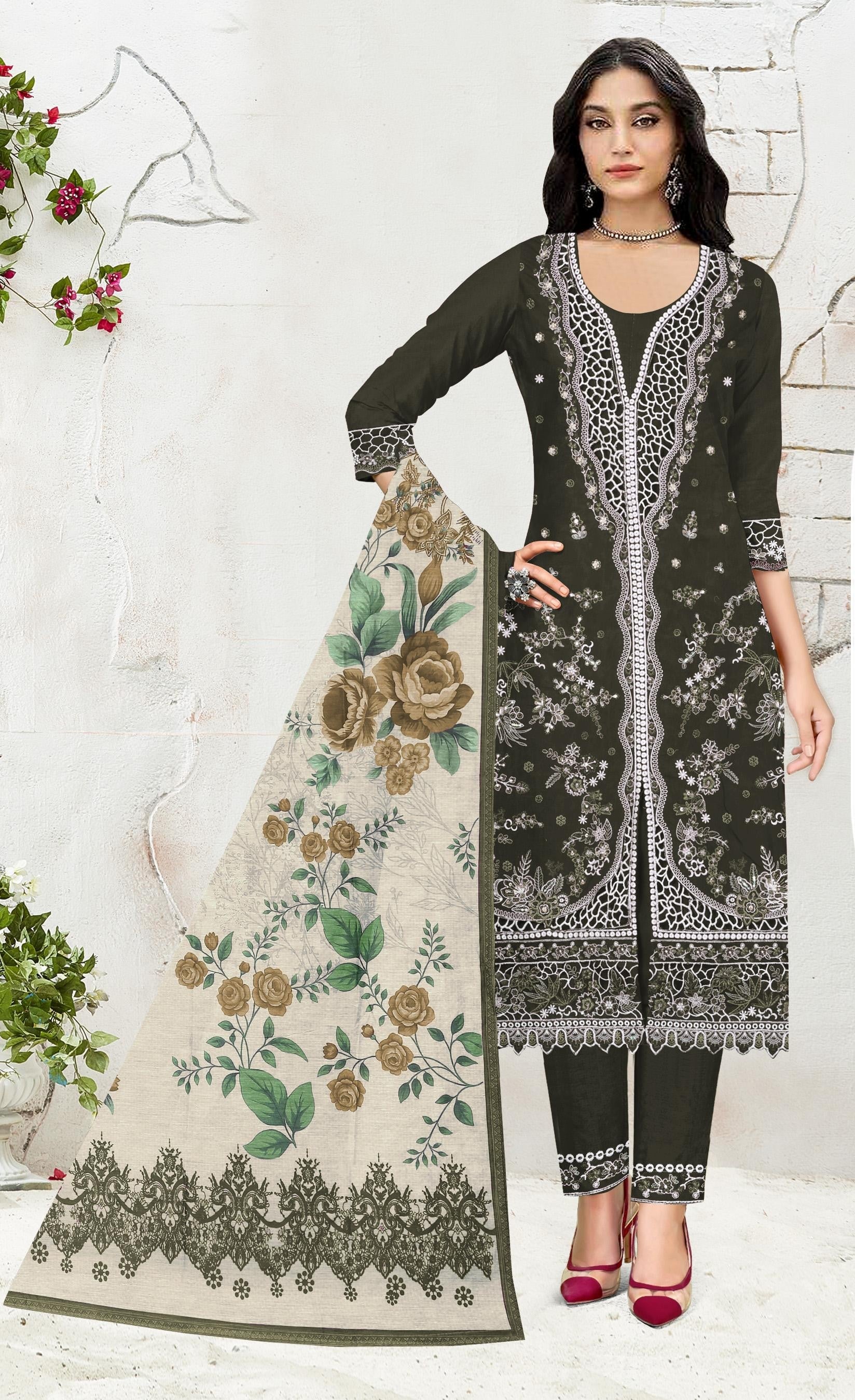 Anaita Mehndi Slub Cotton Suit with Embroidered Multi Work | Grocsy