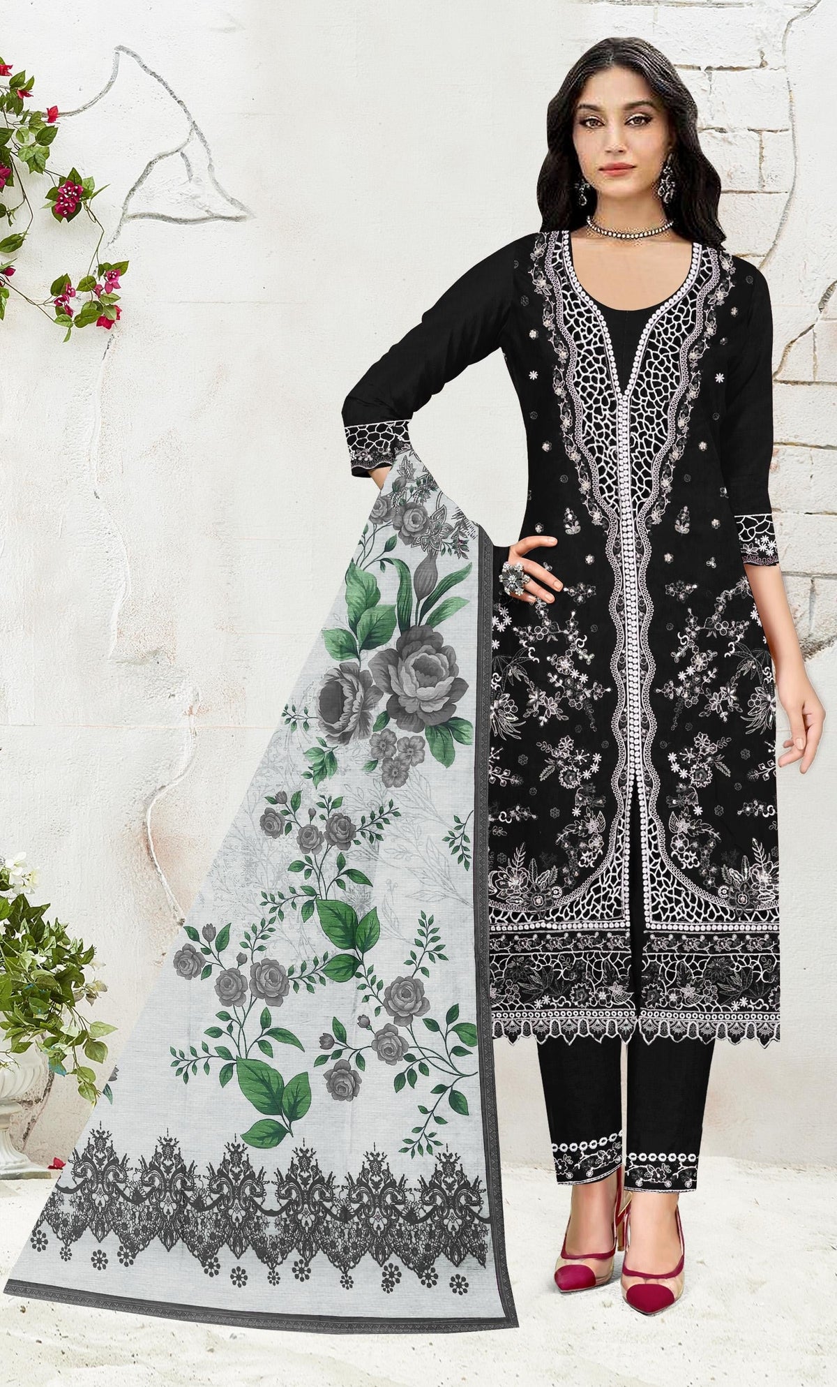 Anaita Black Slub Cotton Suit with Embroidered Multi Work | Grocsy