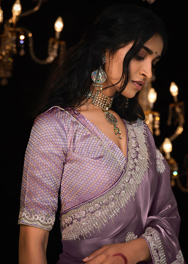 Monjolika Fashion Lilac Colour Tissue Silk Embroidered Saree | Grocsy