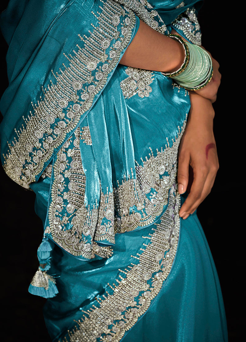Monjolika Fashion Sky Blue Colour Tissue Silk Embroidered Saree | Grocsy