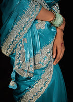 Monjolika Fashion Sky Blue Colour Tissue Silk Embroidered Saree | Grocsy