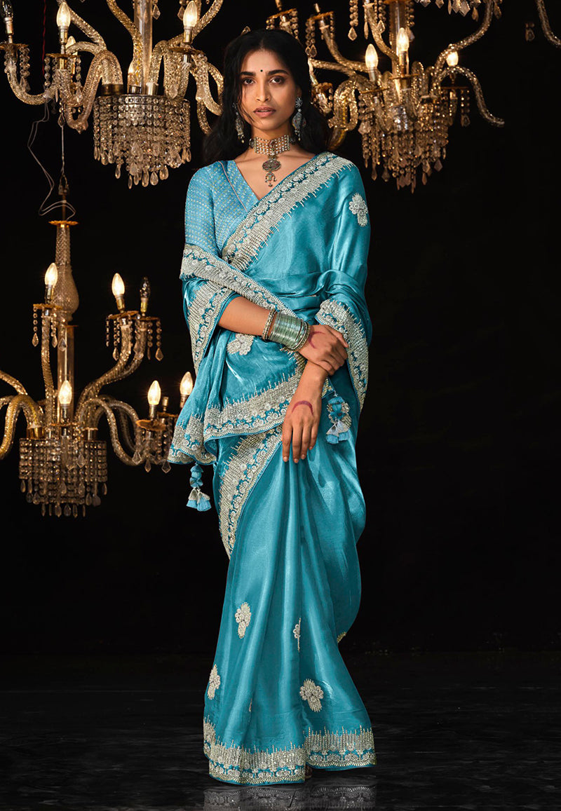 Monjolika Fashion Sky Blue Colour Tissue Silk Embroidered Saree | Grocsy