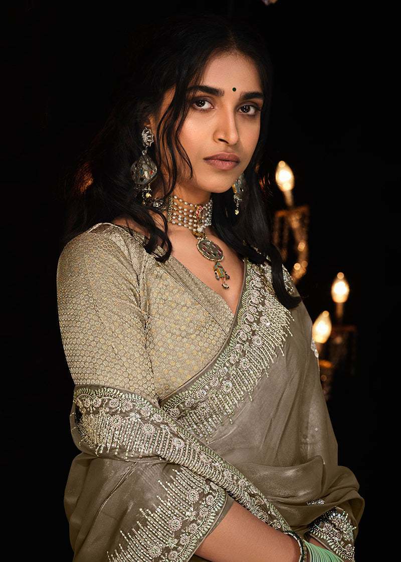 Monjolika Fashion Light Brown Colour Tissue Silk Embroidered Saree | Grocsy