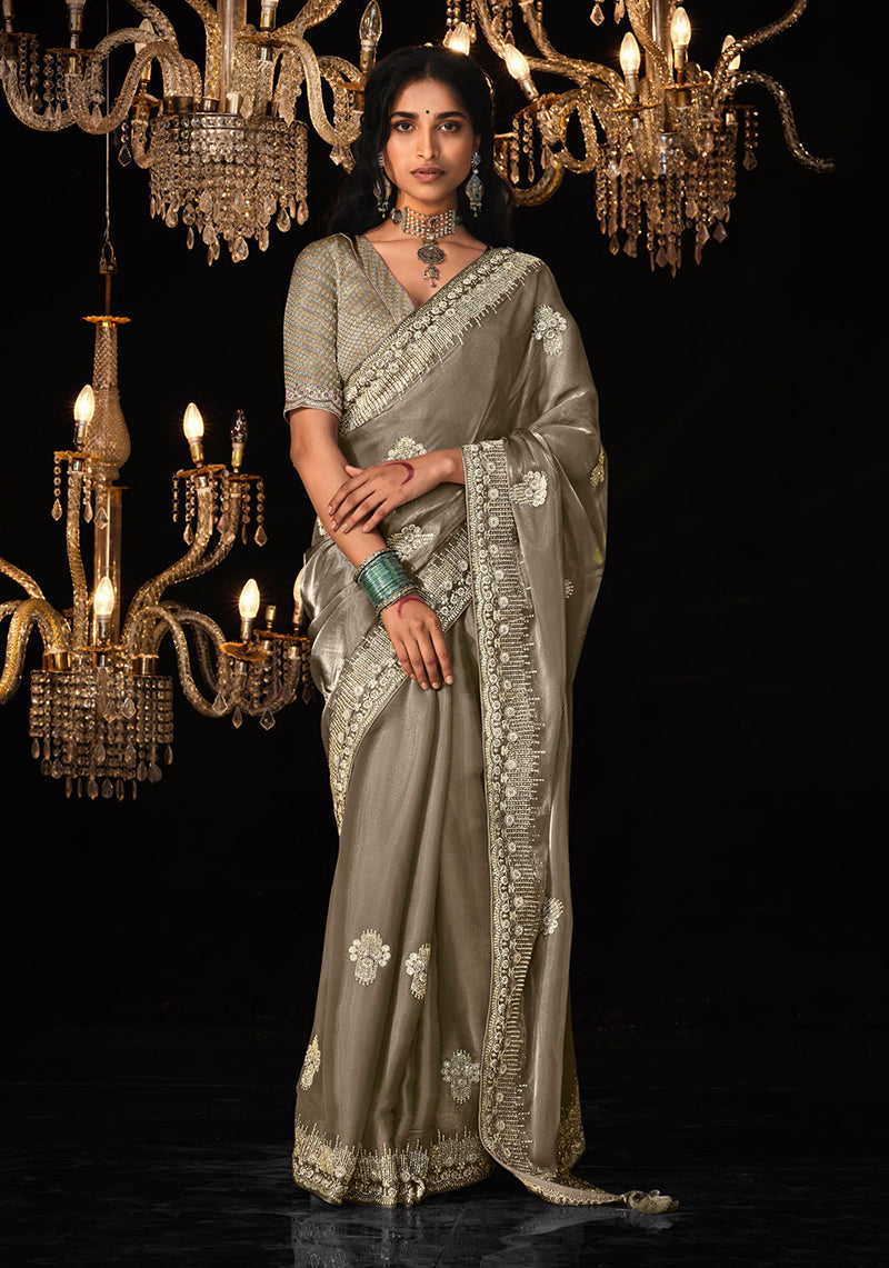 Monjolika Fashion Light Brown Colour Tissue Silk Embroidered Saree | Grocsy
