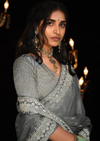 Monjolika Fashion Grey Colour Tissue Silk Embroidered Saree | Grocsy