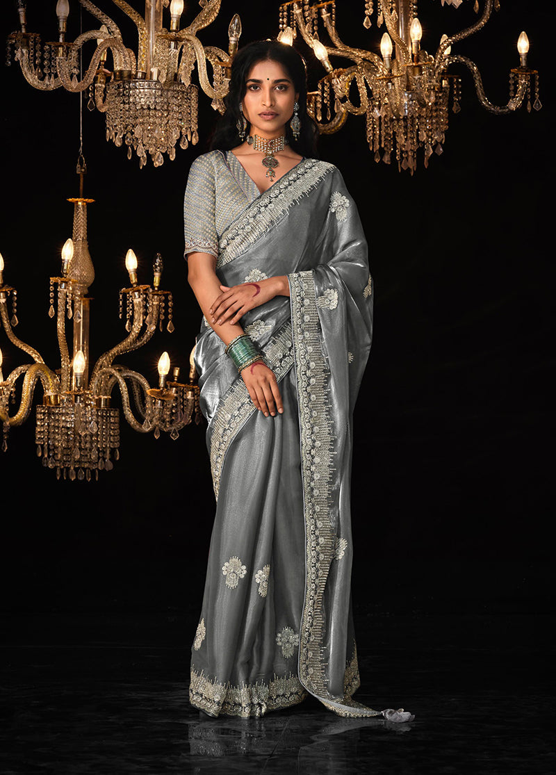 Monjolika Fashion Grey Colour Tissue Silk Embroidered Saree | Grocsy