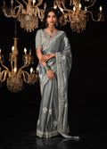 Monjolika Fashion Grey Colour Tissue Silk Embroidered Saree | Grocsy