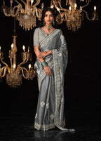 Monjolika Fashion Grey Colour Tissue Silk Embroidered Saree | Grocsy