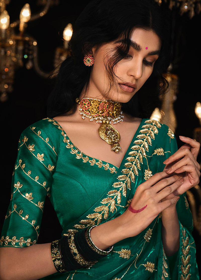Monjolika Fashion Dark Green Colour Tissue Silk Trendy Sarees For Women | Grocsy