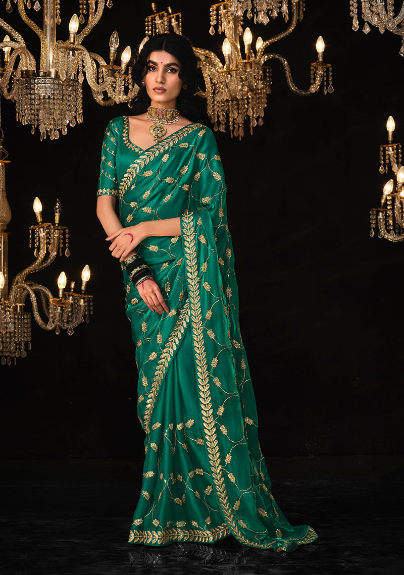Monjolika Fashion Dark Green Colour Tissue Silk Trendy Sarees For Women | Grocsy