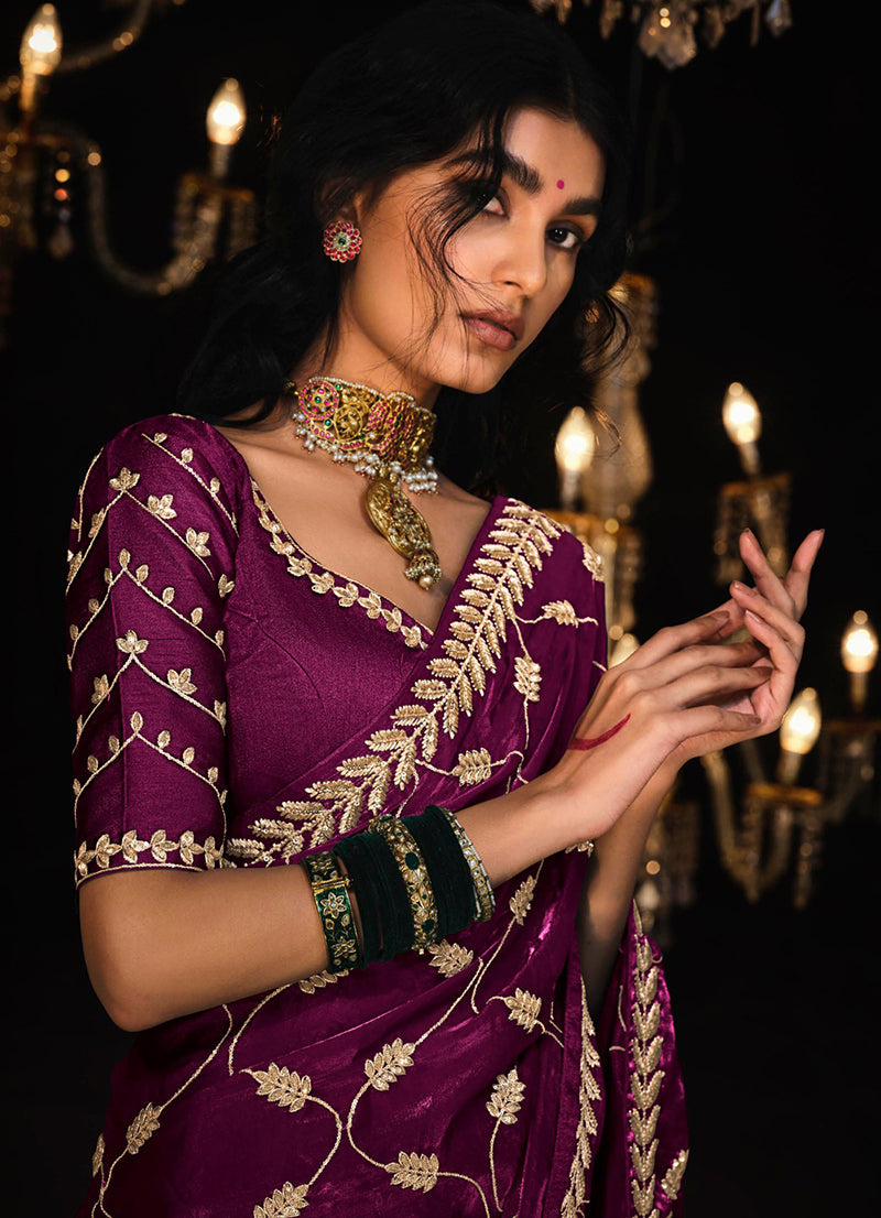 Monjolika Fashion Dark Purple Colour Tissue Silk Trendy Sarees For Women | Grocsy