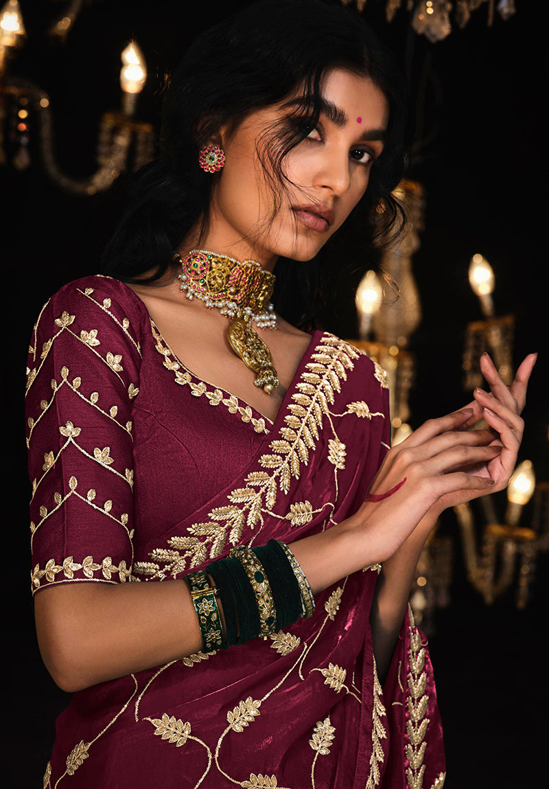 Monjolika Fashion Wine Colour Tissue Silk Trendy Sarees For Women | Grocsy