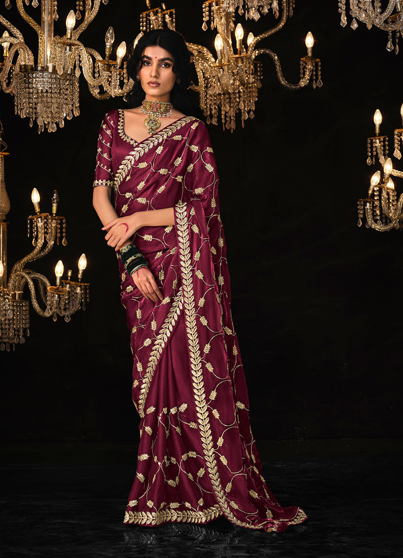 Monjolika Fashion Wine Colour Tissue Silk Trendy Sarees For Women | Grocsy