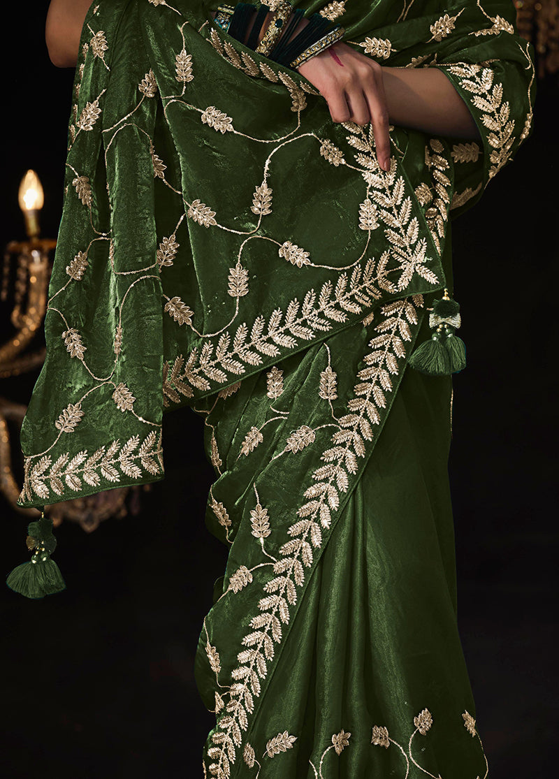 Monjolika Fashion Mehendi Colour Tissue Silk Trendy Sarees For Women | Grocsy