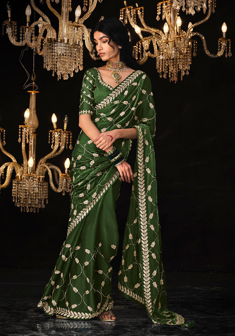Monjolika Fashion Mehendi Colour Tissue Silk Trendy Sarees For Women | Grocsy