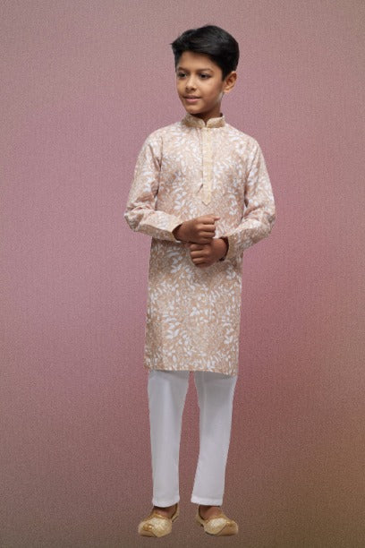 Raivat Ethnic Cotton Thread Work Kids Kurta Pajama In Peach Colour | Grocsy