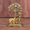 Kridaykraft Metal Lord Krishna Idol with Kamdhenu Cow & Tree (17cm, Gold) | Grocsy