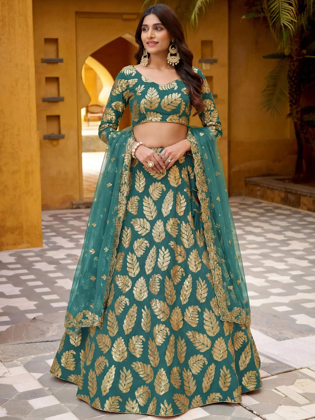 Tulsi Art Enchanting Green Embroidered Georgette Wedding Wear Lehenga Choli | Grocsy