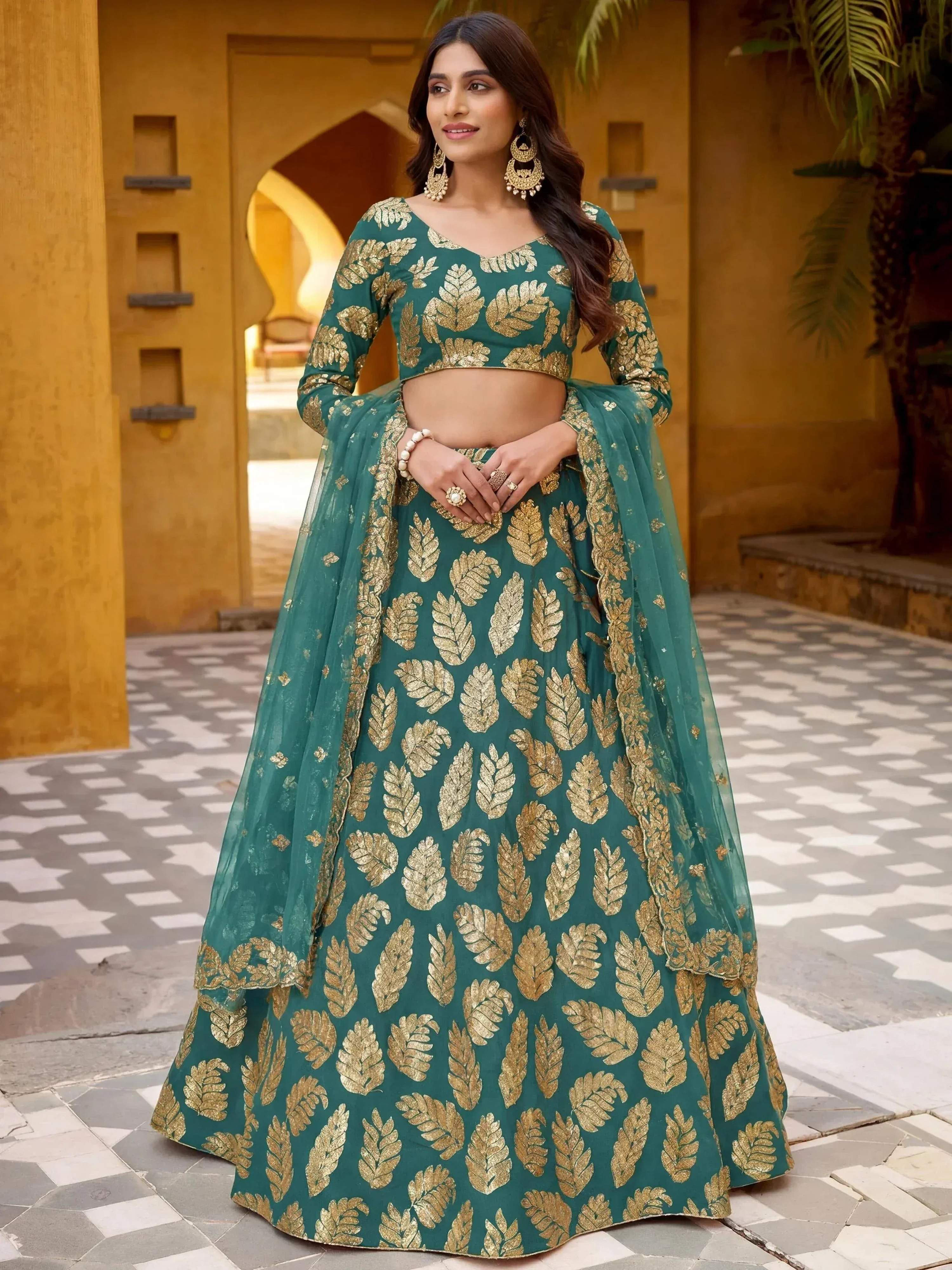 Tulsi Art Enchanting Green Embroidered Georgette Wedding Wear Lehenga Choli | Grocsy