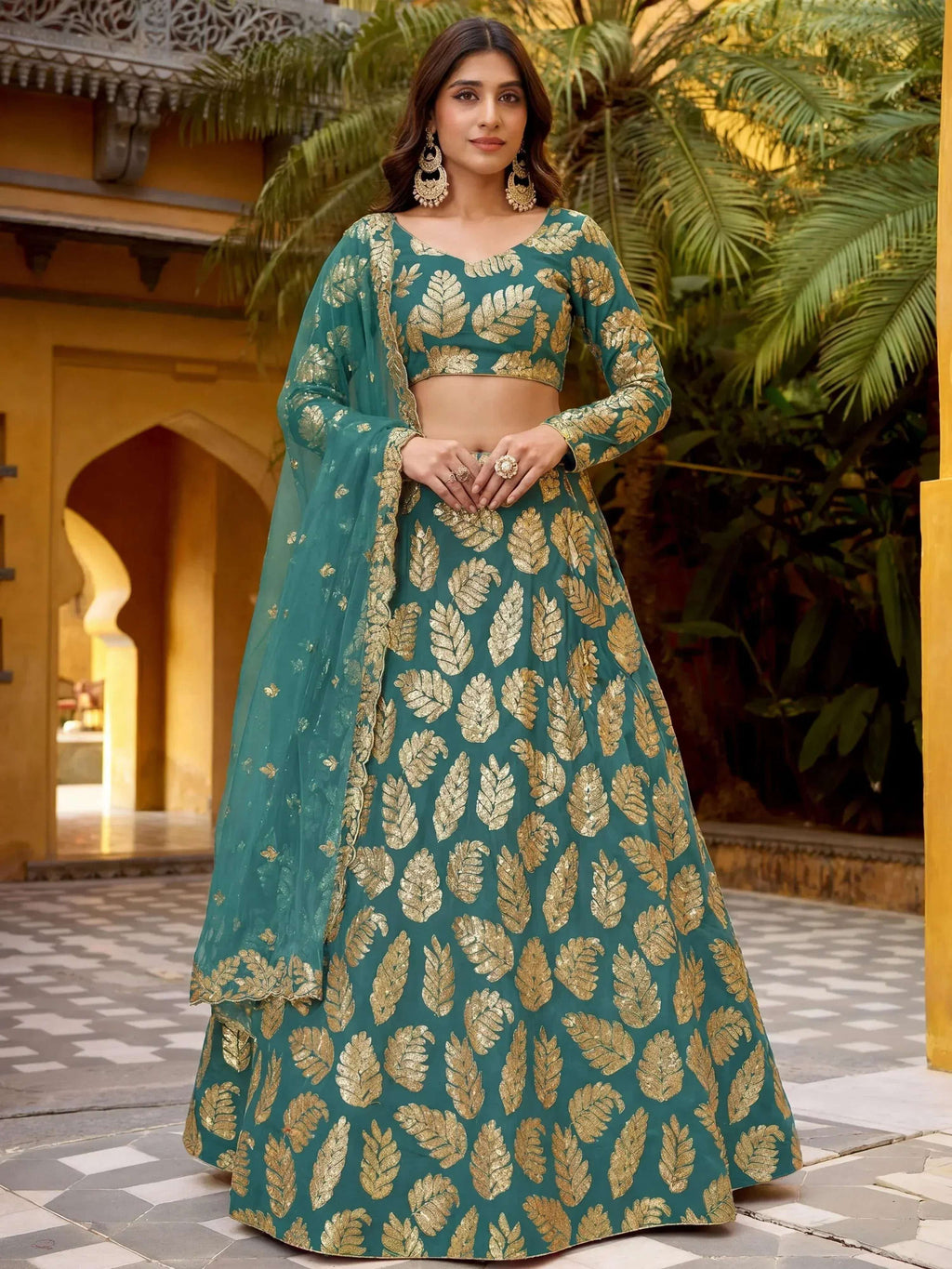 Tulsi Art Enchanting Green Embroidered Georgette Wedding Wear Lehenga Choli | Grocsy