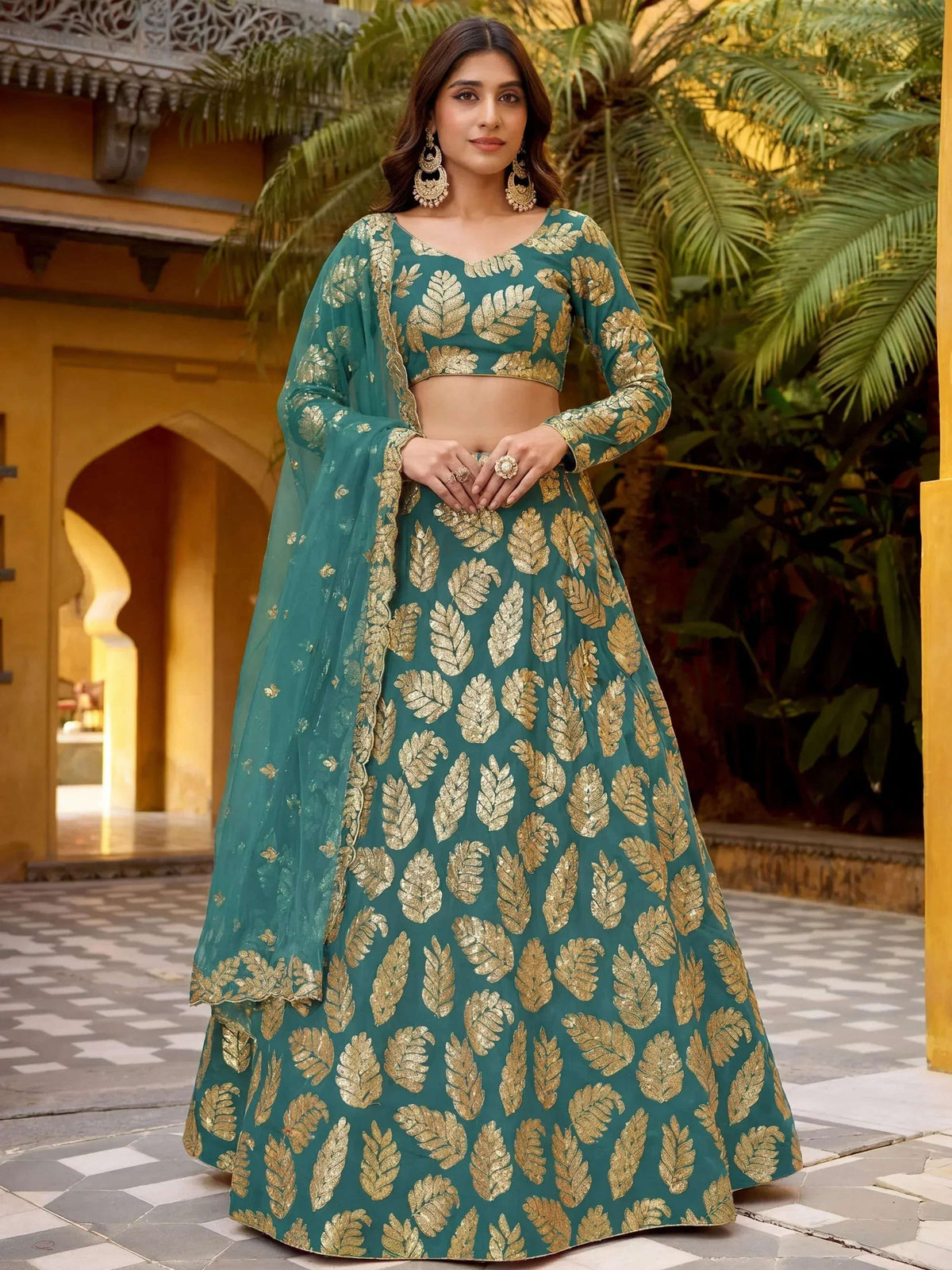 Tulsi Art Enchanting Green Embroidered Georgette Wedding Wear Lehenga Choli | Grocsy