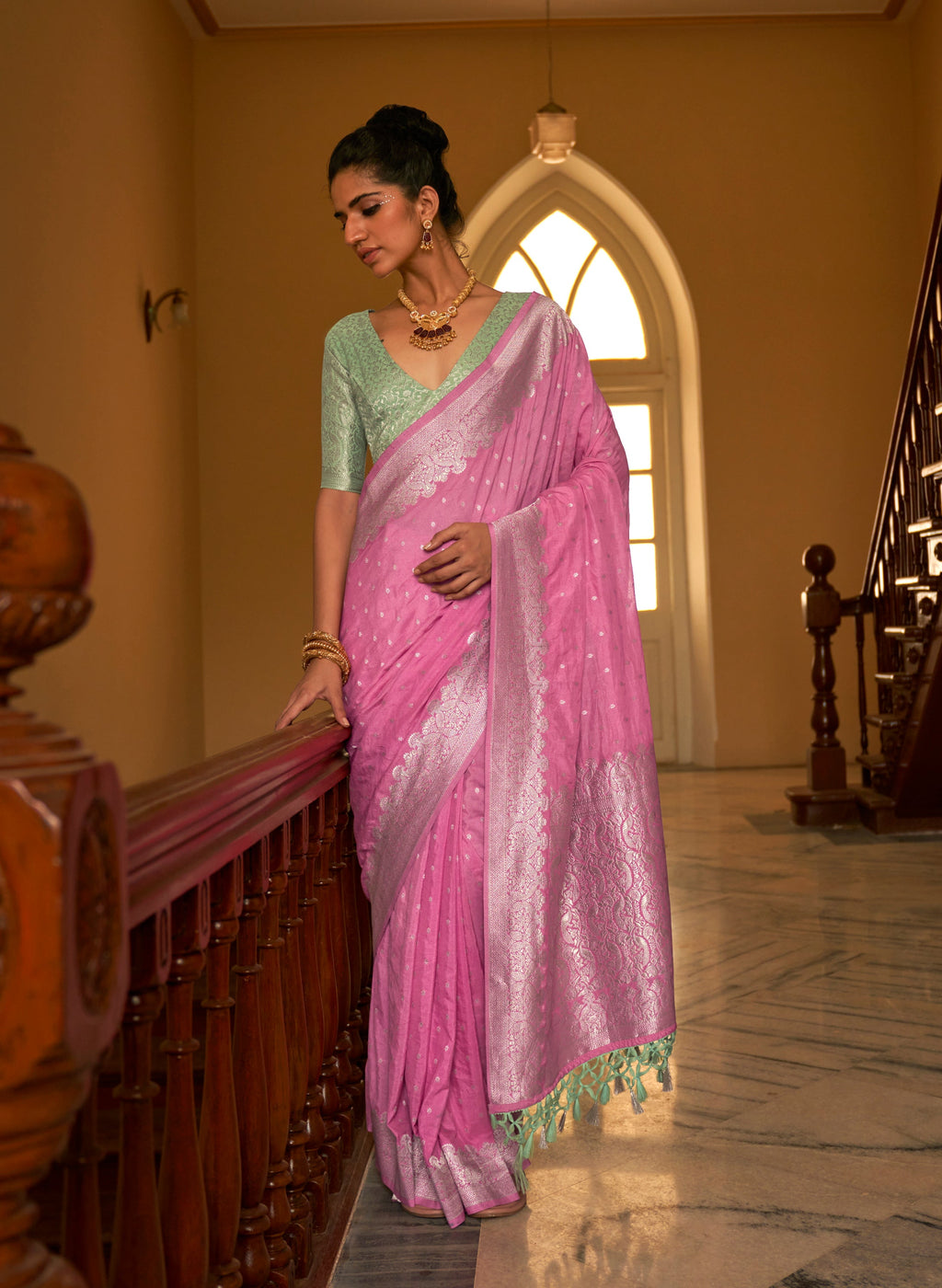 Monjolika Fashion Rose Pink Colour Weaving Nylon Silk Saree | Grocsy