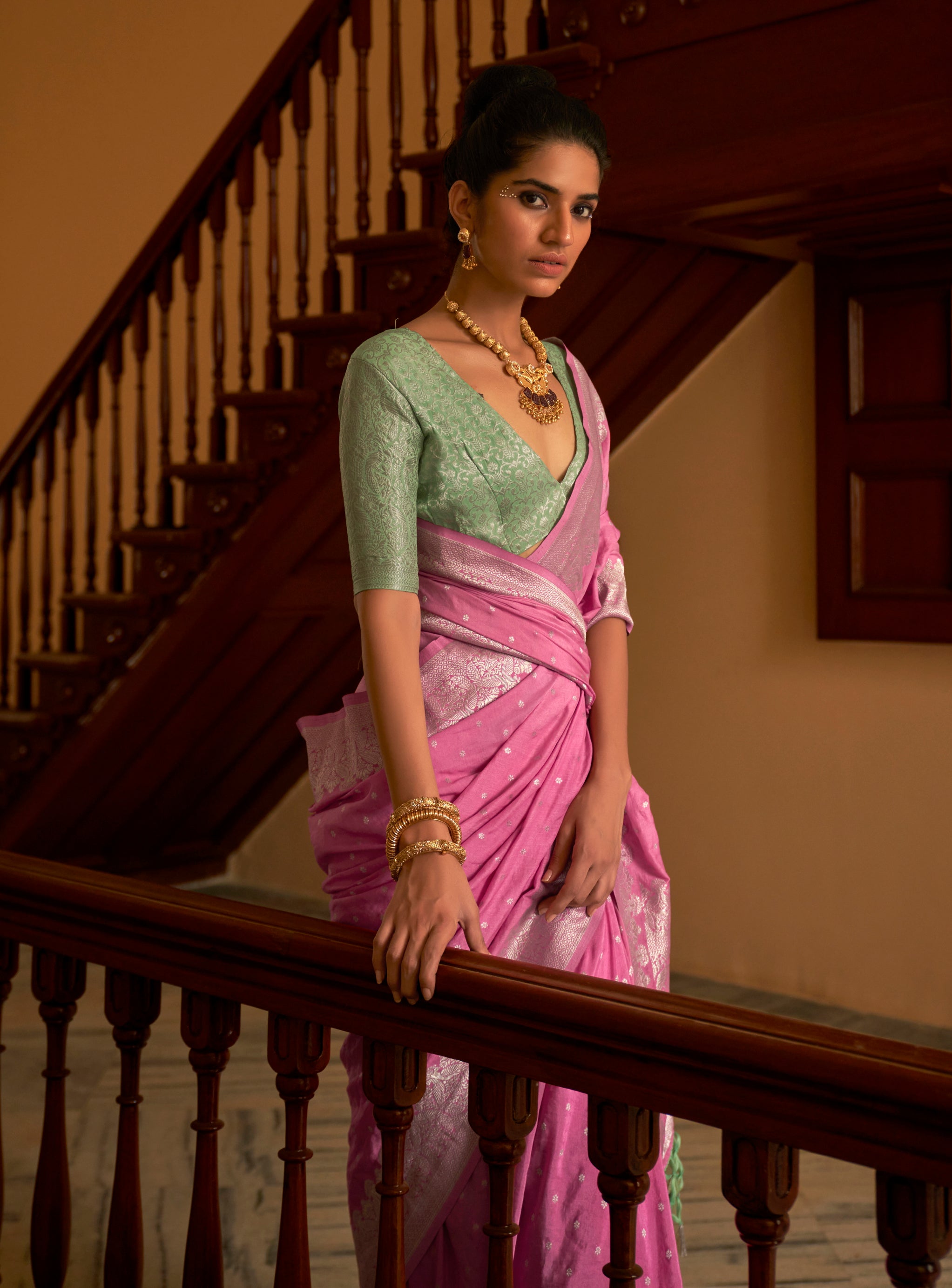 Monjolika Fashion Rose Pink Colour Weaving Nylon Silk Saree | Grocsy