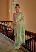 Monjolika Fashion Sea Green Colour Weaving Nylon Silk Saree | Grocsy