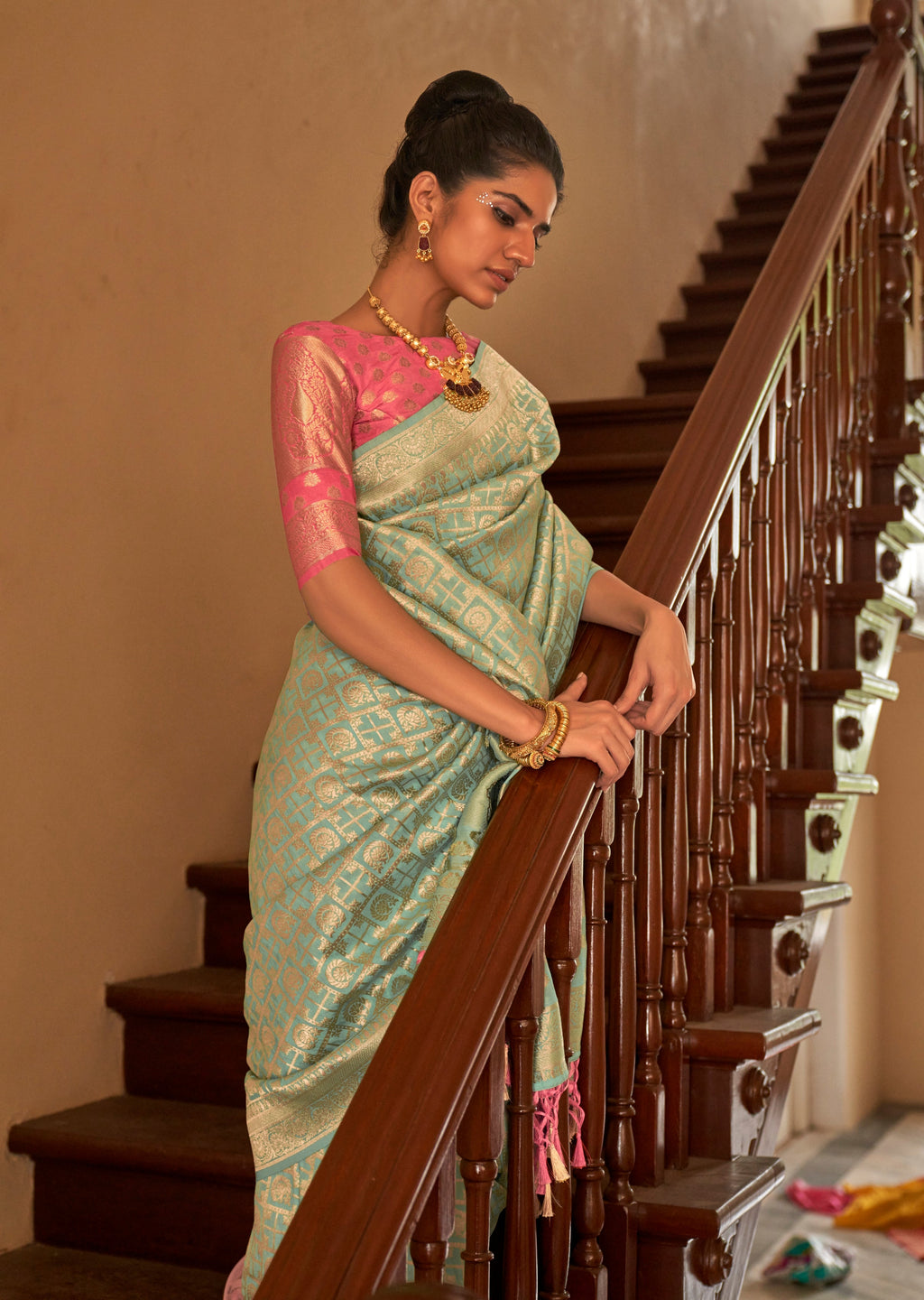 Monjolika Fashion Sea Green Colour Weaving Nylon Silk Saree | Grocsy