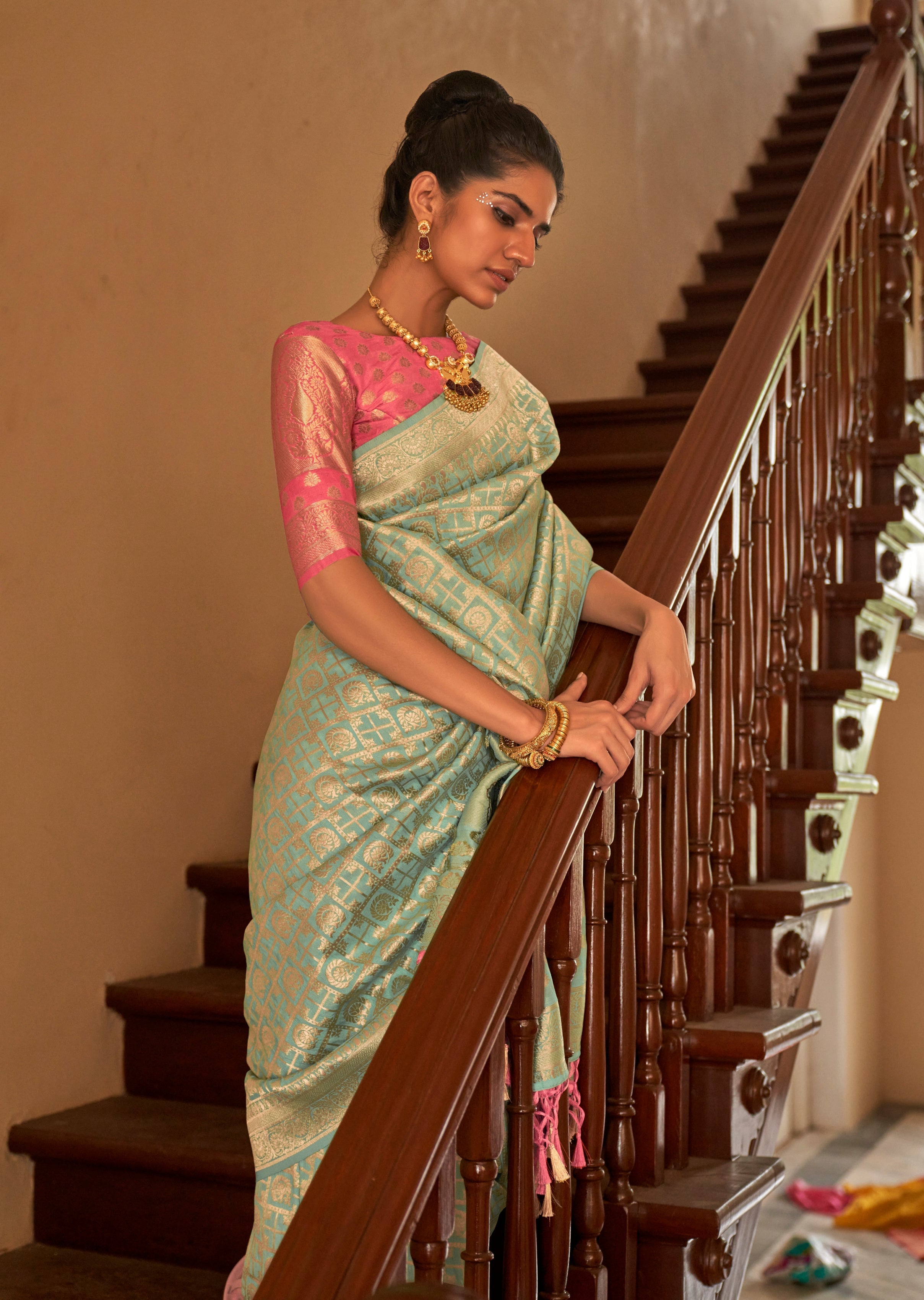 Monjolika Fashion Sea Green Colour Weaving Nylon Silk Saree | Grocsy