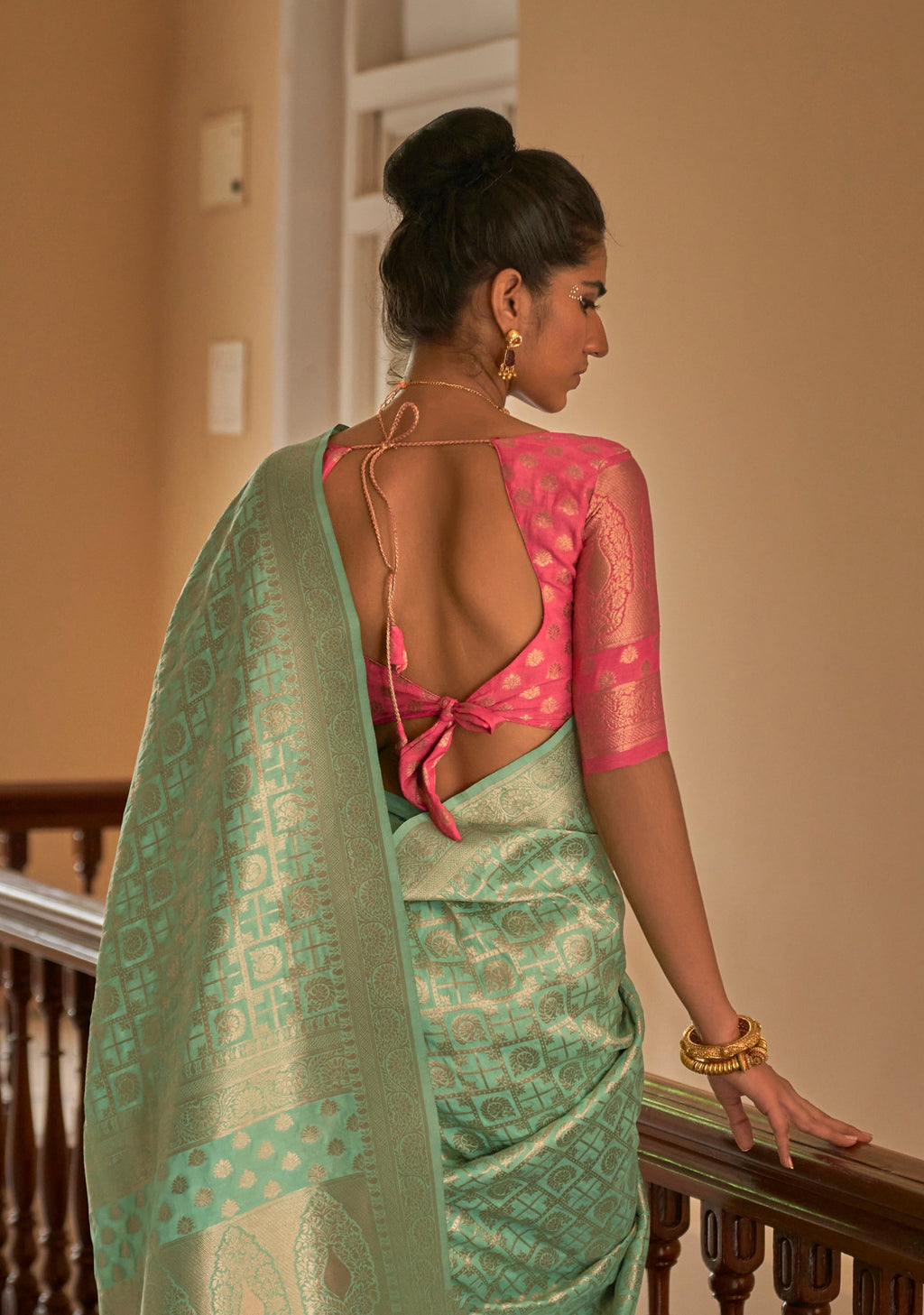 Monjolika Fashion Sea Green Colour Weaving Nylon Silk Saree | Grocsy