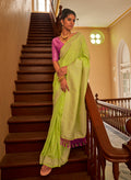 Monjolika Fashion Lime Colour Weaving Nylon Silk Saree | Grocsy