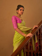 Monjolika Fashion Lime Colour Weaving Nylon Silk Saree | Grocsy