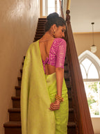 Monjolika Fashion Lime Colour Weaving Nylon Silk Saree | Grocsy