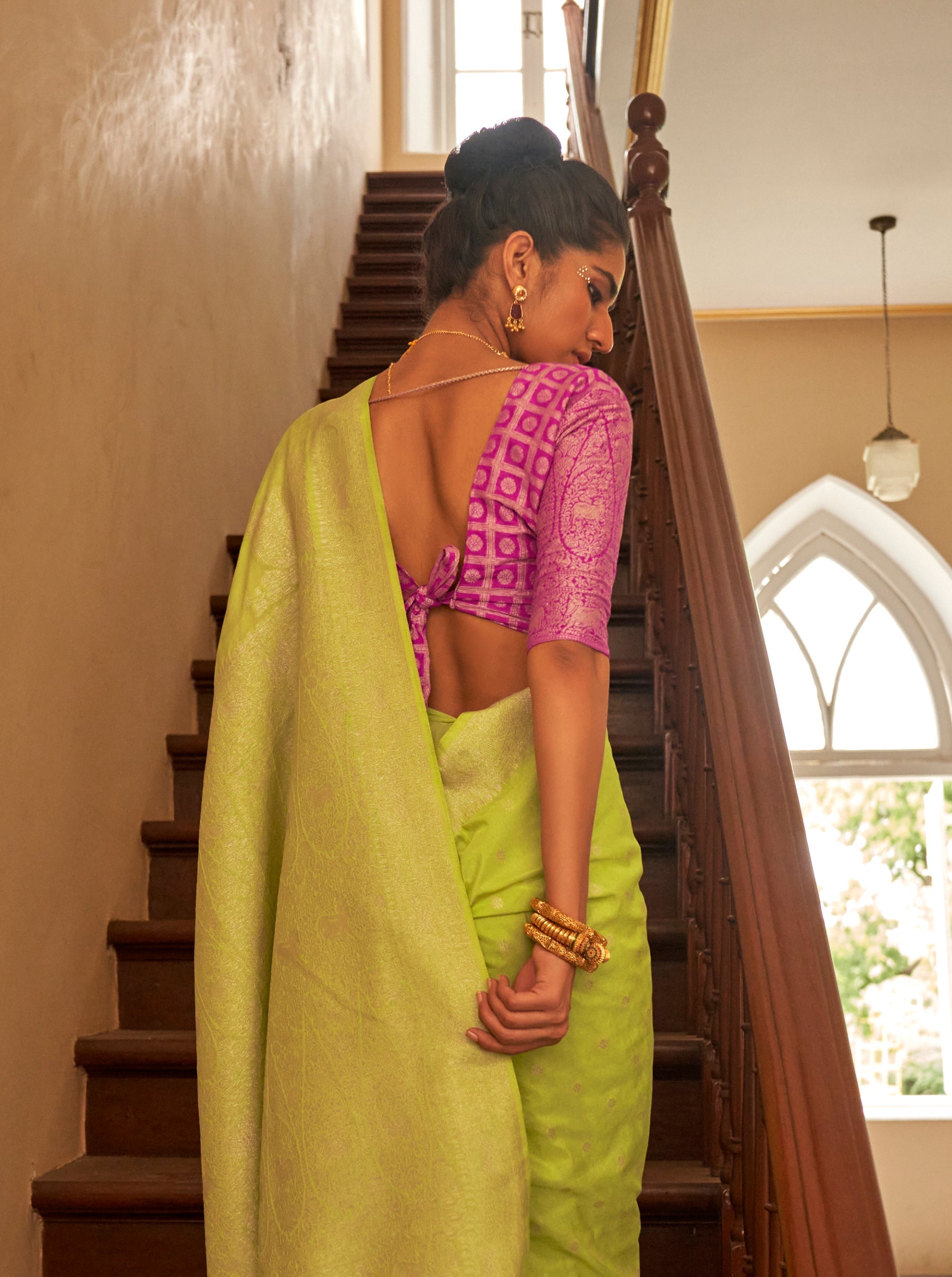 Monjolika Fashion Lime Colour Weaving Nylon Silk Saree | Grocsy