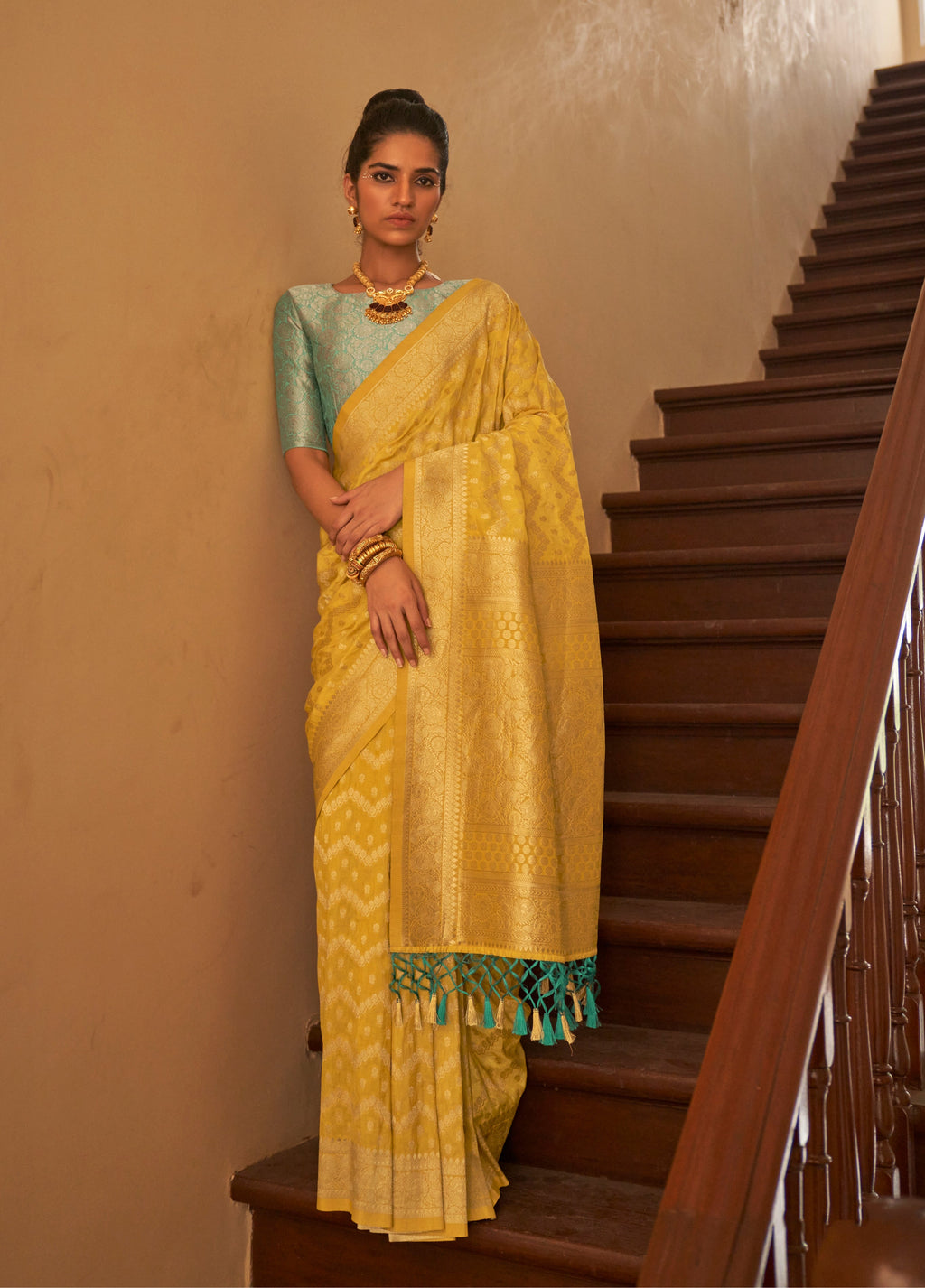 Monjolika Fashion Yellow Colour Weaving Nylon Silk Saree | Grocsy