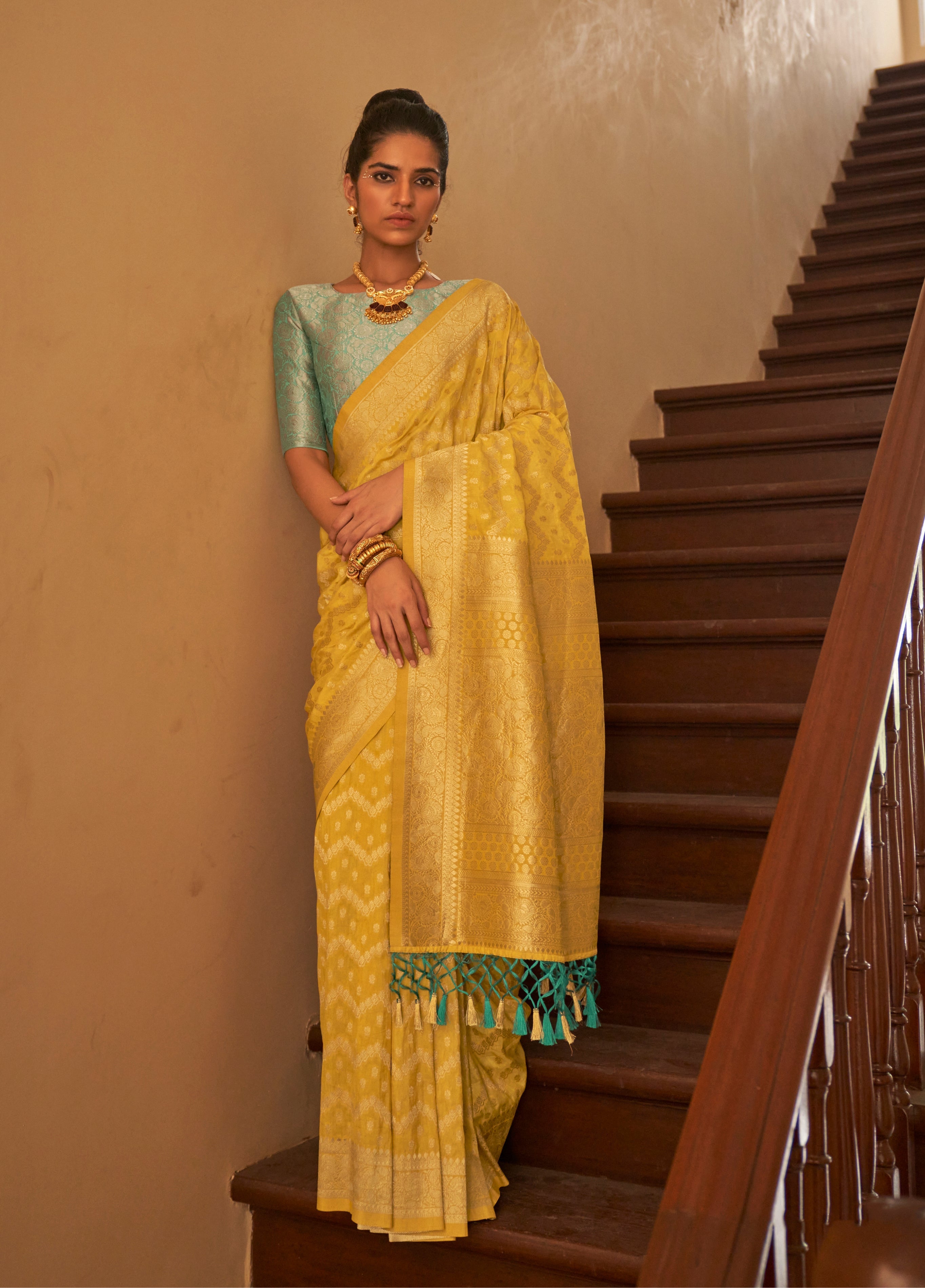 Monjolika Fashion Yellow Colour Weaving Nylon Silk Saree | Grocsy
