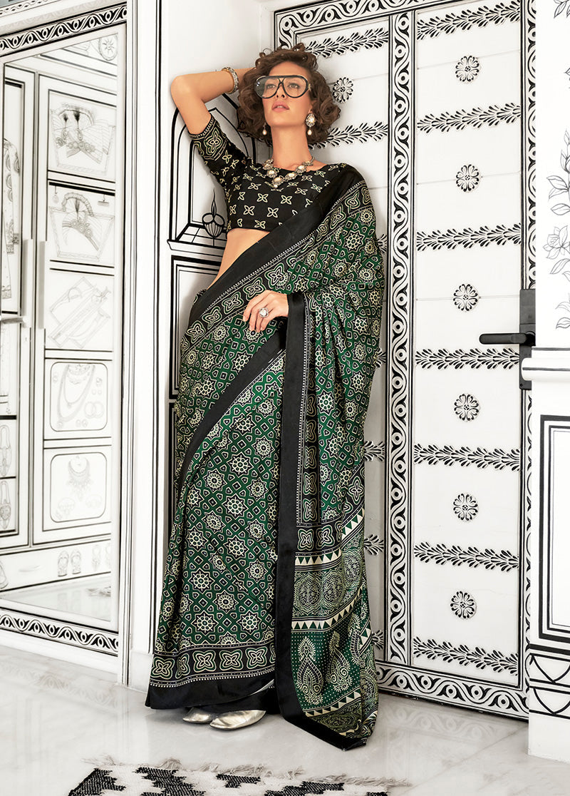 Monjolika Fashion Dark Green Colour Satin Crepe Printed Lightwear Sarees | Grocsy