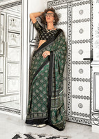 Monjolika Fashion Dark Green Colour Satin Crepe Printed Lightwear Sarees | Grocsy