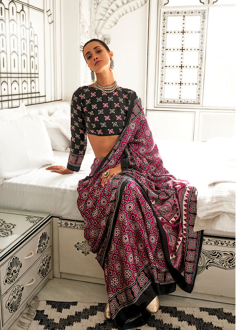 Monjolika Fashion Maroon Colour Satin Crepe Printed Lightwear Sarees | Grocsy