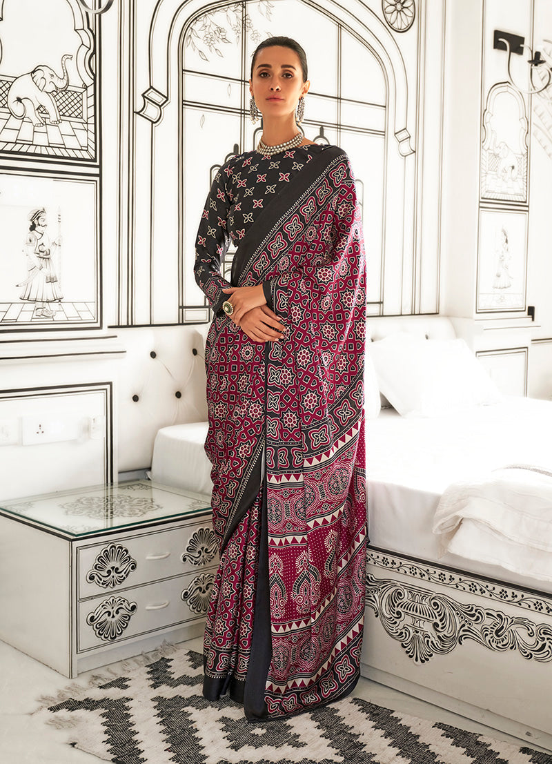 Monjolika Fashion Maroon Colour Satin Crepe Printed Lightwear Sarees | Grocsy