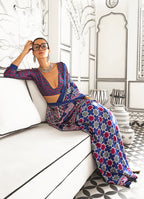 Monjolika Fashion Navy Blue Colour Satin Crepe Printed Lightwear Sarees | Grocsy